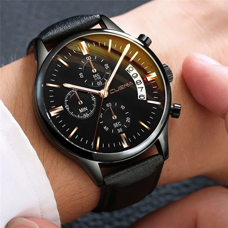 

Men Fashion Watches New Automatic Calendar Sport Stainless Steel Case Leather Band Quartz Analog Wrist Watch Gift