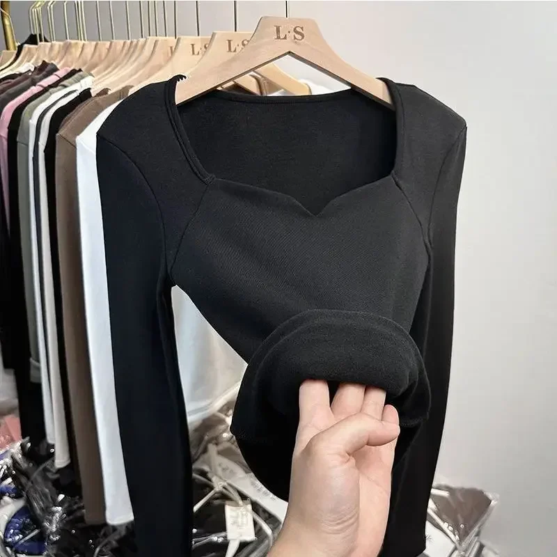 Camiseta de manga larga con cuello cuadrado para mujer, Top corto de felpa, ropa mate cálida, Otoño e Invierno