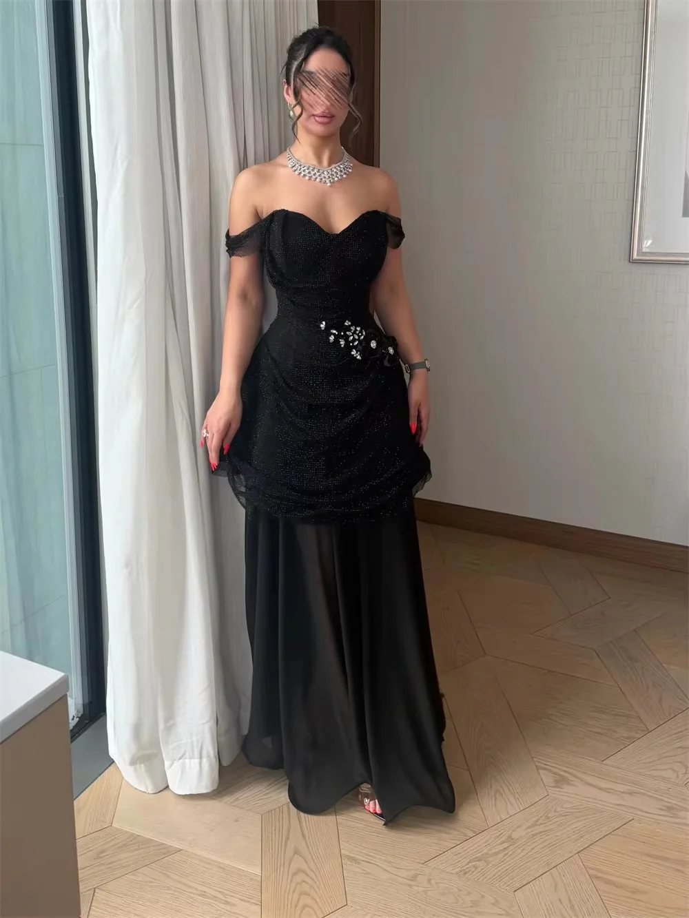 

Black Beaded Formal Long Bespoke Occasion Gown Evening Dresses Pastrol Unisex Jersey Retro Dubai Saudi Arabic Prom Customized