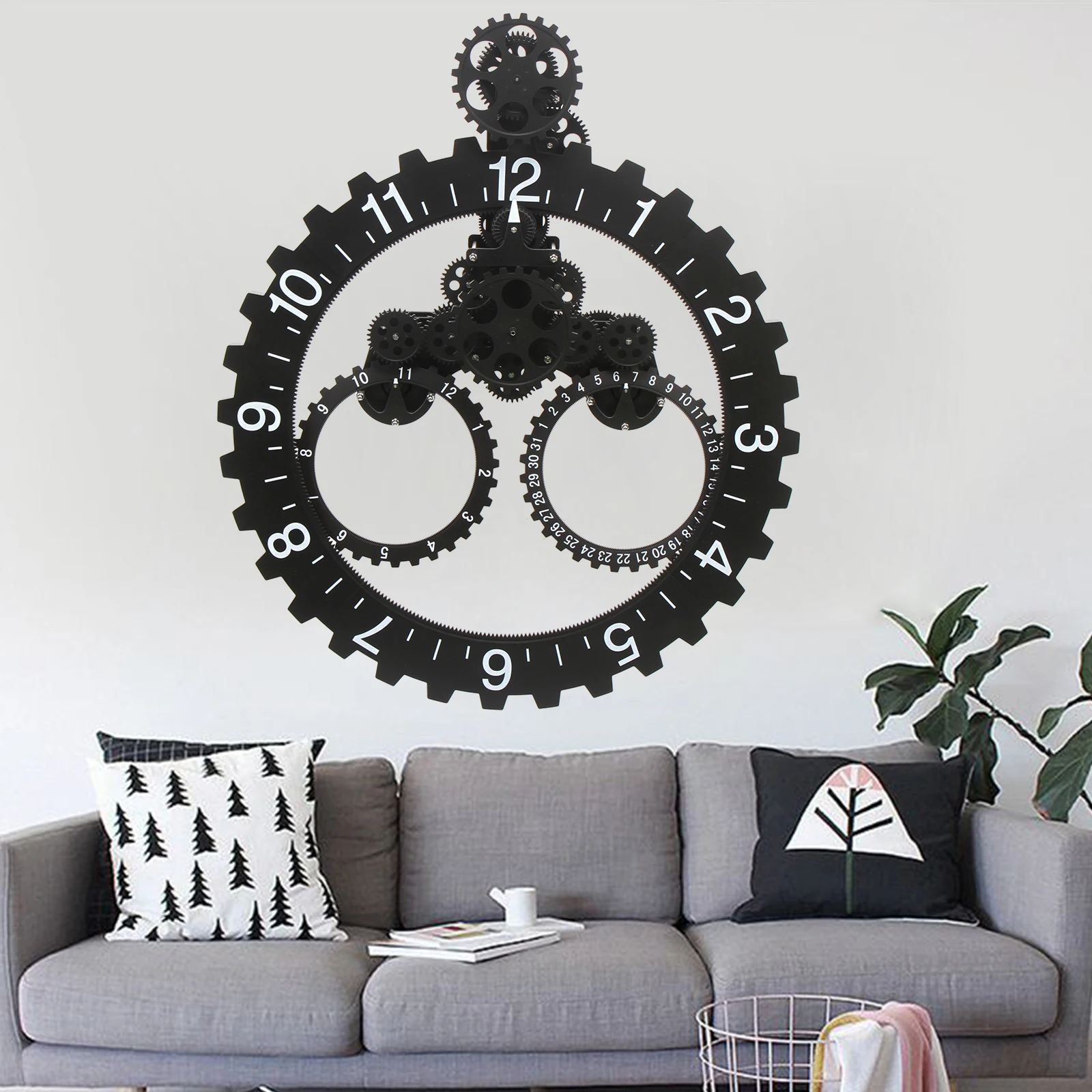 3D Modern Large Wall Art Rotary Gear Clock Mechanical Calendar Wheel Black