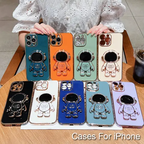 Galvanik Astronaut Halterung Telefon Fall Für IPhone 17 16 15 Pro Max 14 13 12 11 SE2/SE3 Xs Xr Silikon Schutzhülle Objektiv Abdeckung