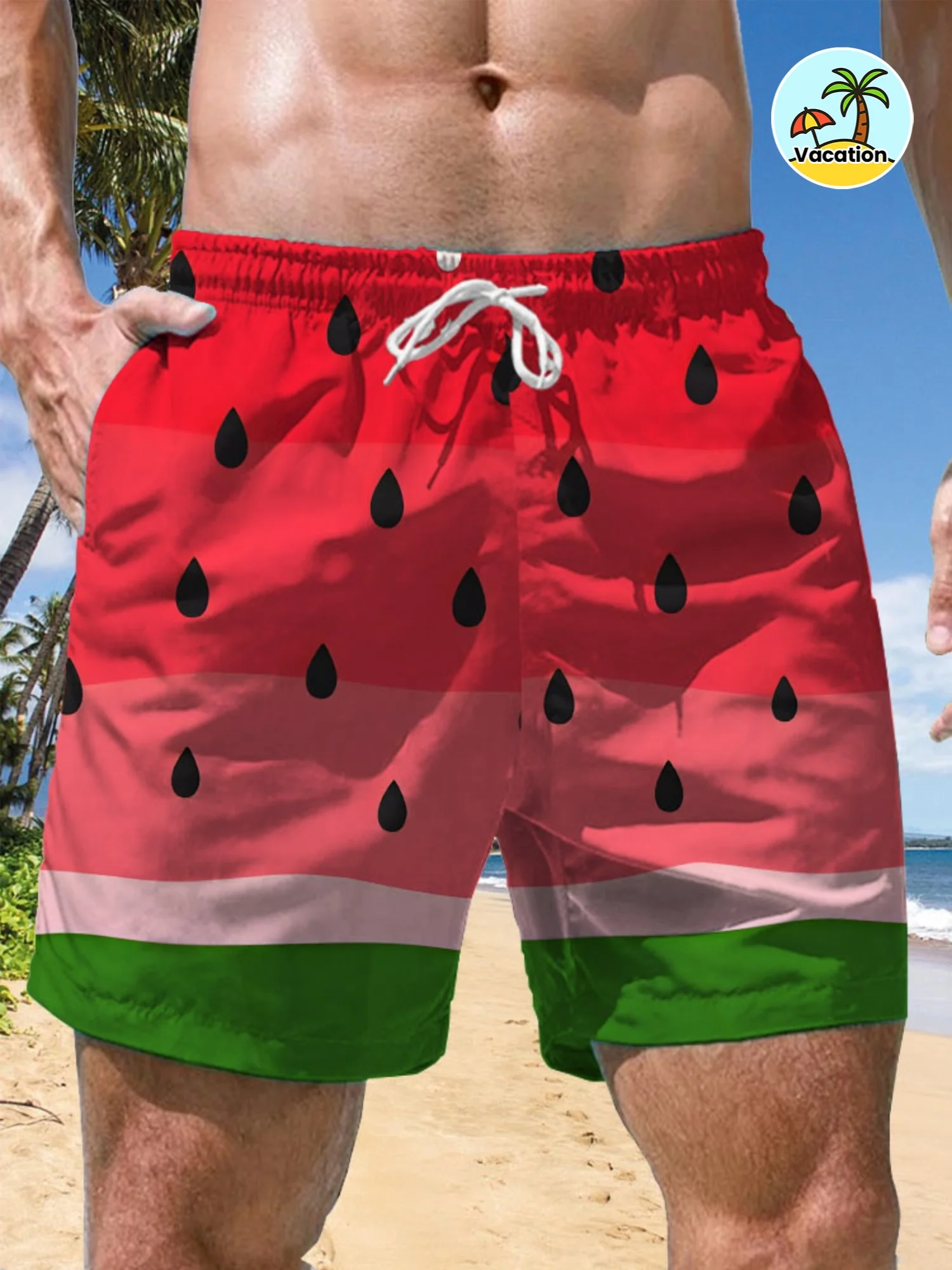 Mens Watermelon Slice Print Quick Dry Board Shorts Elastic Drawstring Swim Trunks Summer Beach Casual Outfit