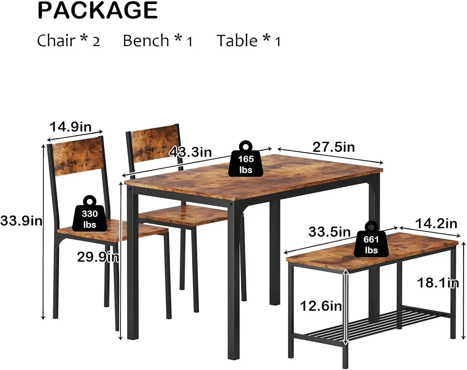 4 Person Dining Table Set, 43.3inch Kitchen Table Set for 4, Dining Room 2 Chairs with Backrest, 2-Person Bench with Stora