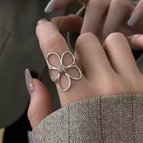 925 Sterling Silver Rings for Women Couple Minimalist Handmade Simple Big Flower Ring Party Jewelry Gift Prevent Allergy
