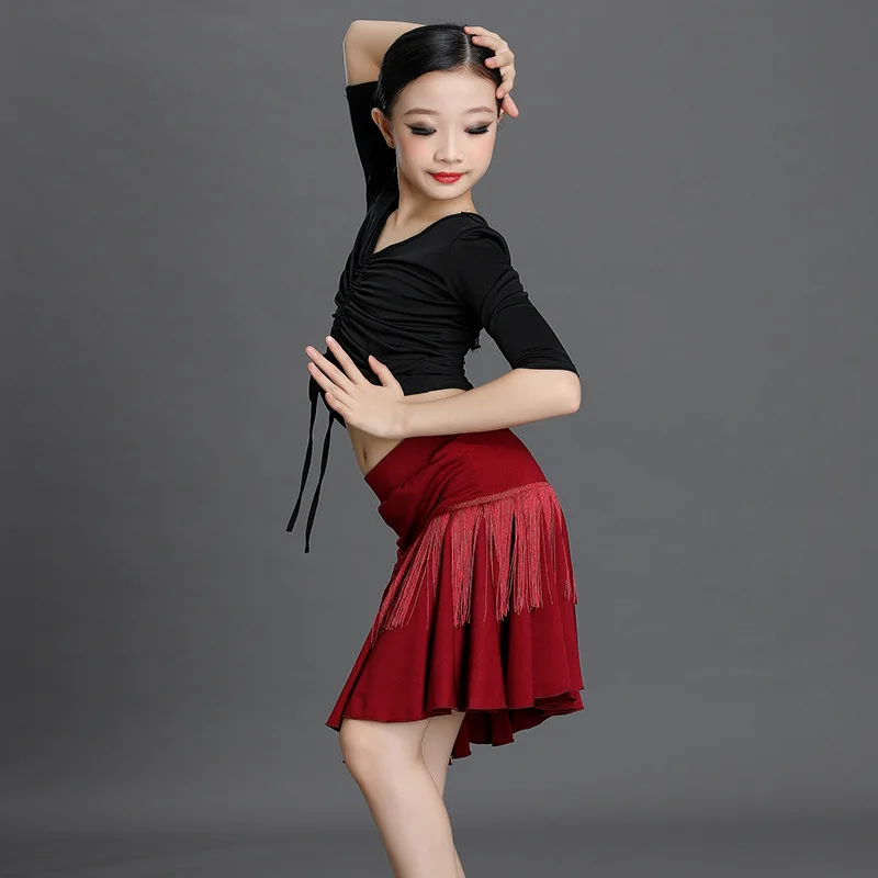 2024 Kids Girls Tassels Latin Dance Costumes Children Ballroom Dancing Dress ChaCha Rumba Samba Fringed Skirt Practice Costume