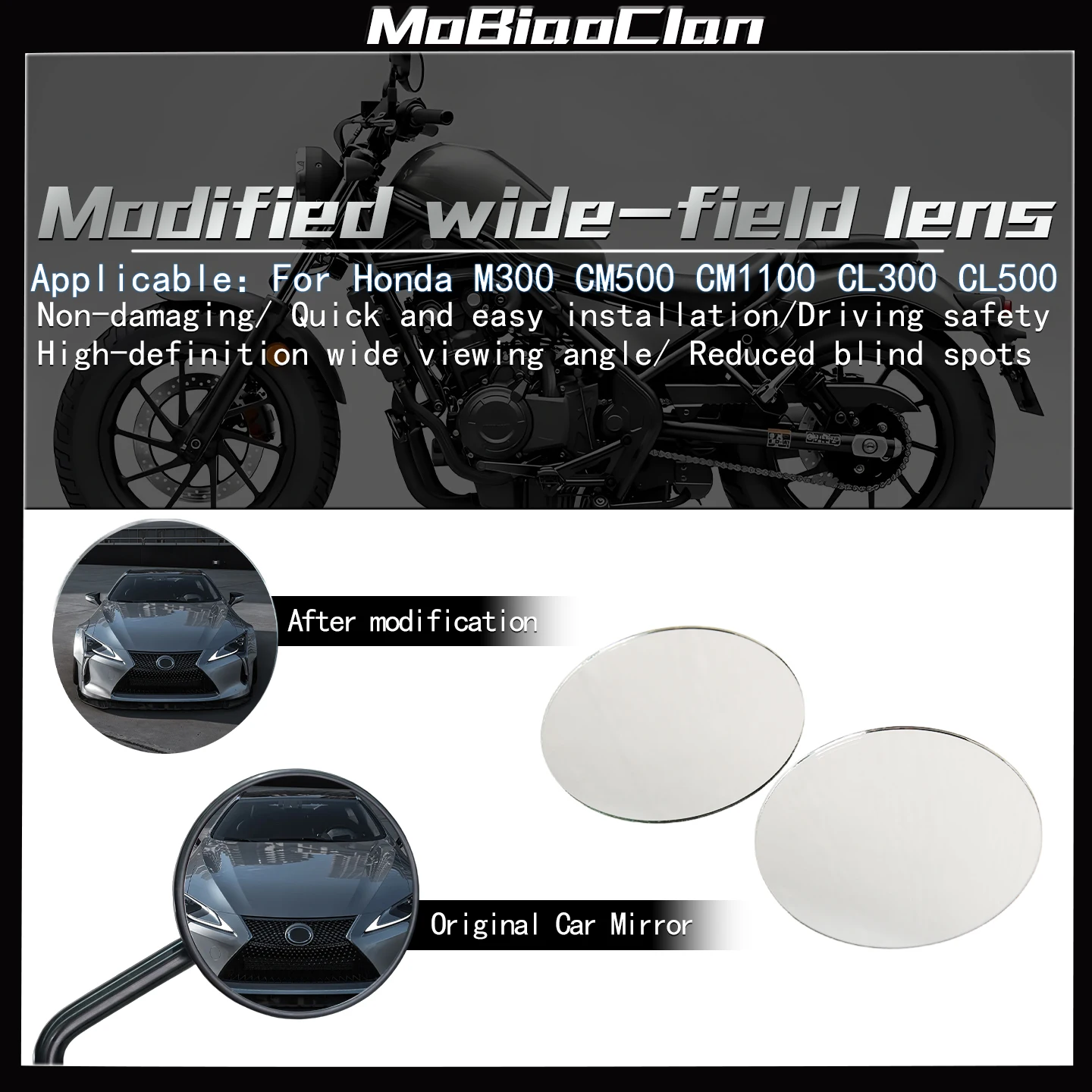 

Для HONDA Rebel 1100 CMX 300 CM 500 CMX500 CL300/500 выпуклое зеркало для мотоцикла увеличение зрения боковые зеркала заднего вида обзорные линзы