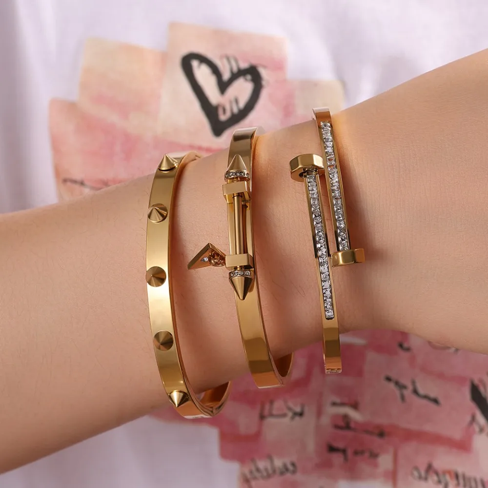 Minimalist Stainless Steel Willow Nail Bracelet Set for Women Shiny Cubic Zirconia Jewelry Gift Waterproof Fashion Accessory view 6