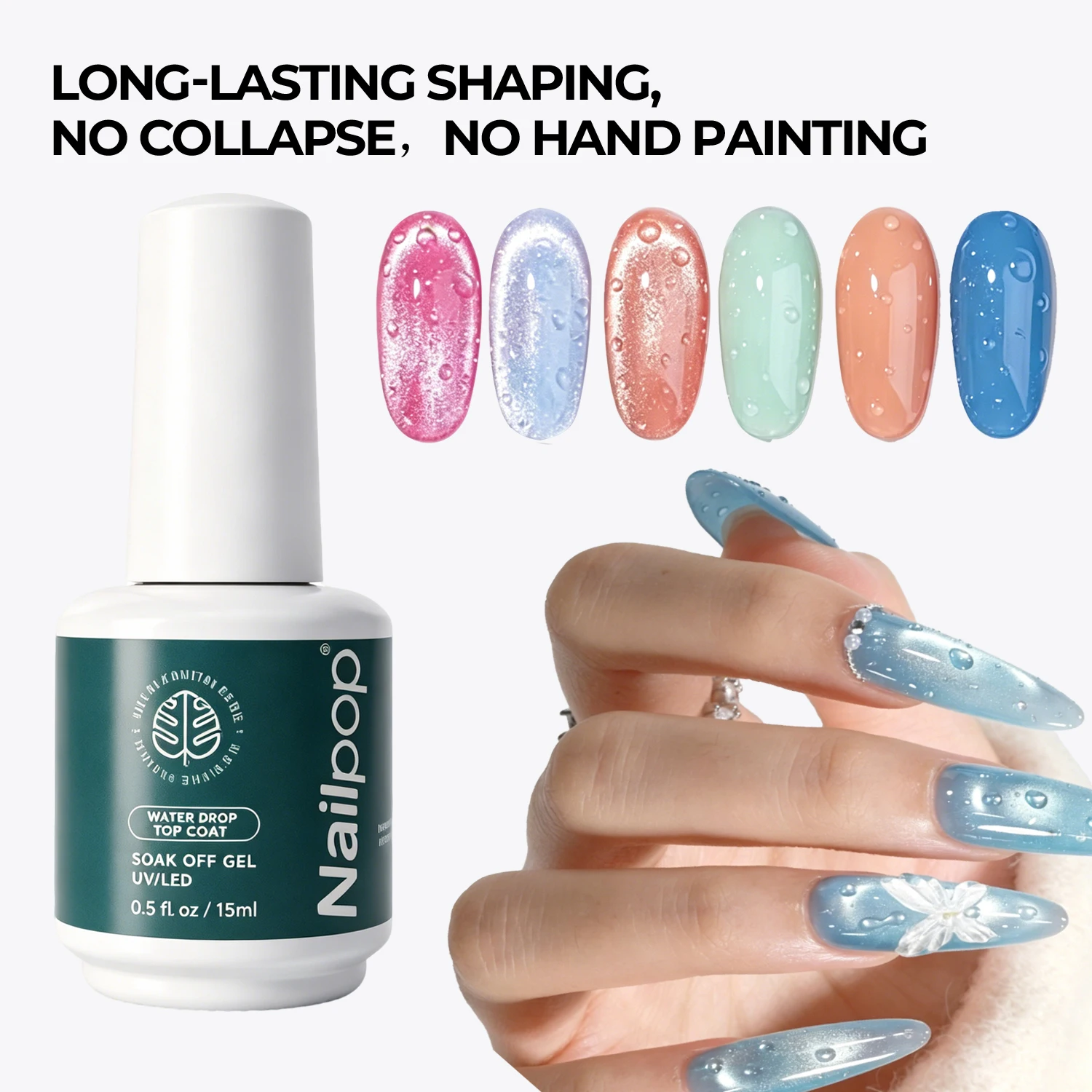 Nailpop 3D Water Droplet Top Coat No Wipe Gel 5s Quick Forming Lasting Shine 15ml Easy For Nail Art Beginner Friendly 1/2pc