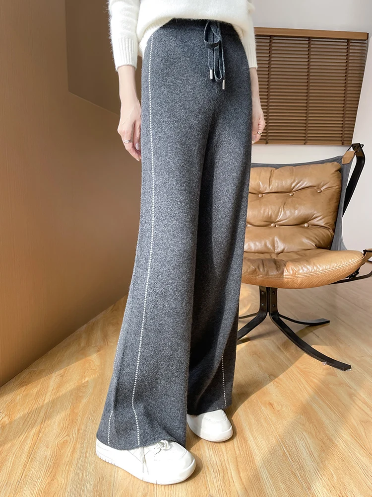 Autumn and winter trousers children's high waist loose straight thick wool knitted cashmere pants