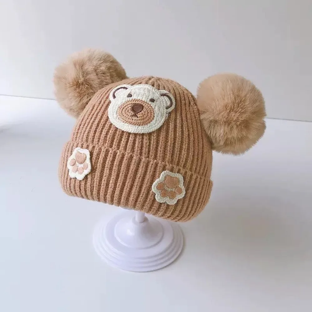 

Cute Cartoon Bear Knitted Cap Double Ball Cold Protection Soft Crochet Hats Beanies Girl Boy