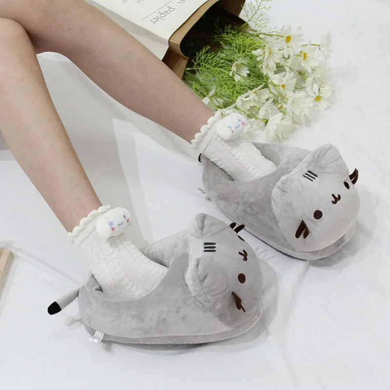 Cartoon Full Covered Cat Slippers Warm Winter Slides Soft Plush Doll Indoor Cute Anime Bedroom Shoes For Man Woman Home Use