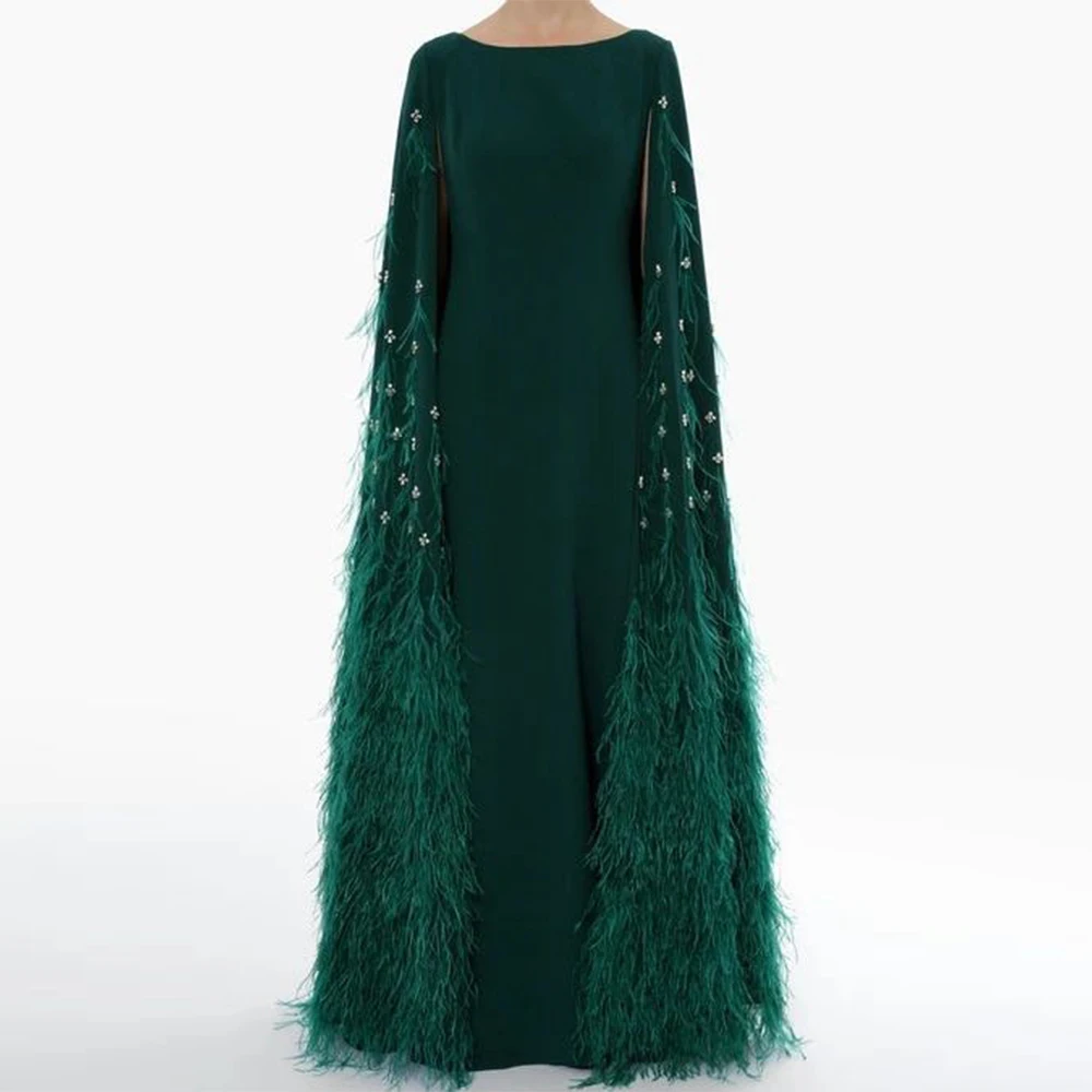Luxury Evening Dress with Feathers Cape Customzied Scoop Neck Beading Crystal A Line Formal Occasion Dresses Prom Gown