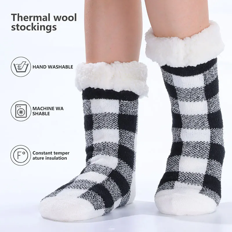 

Glglgege зимние утепленные плюшевые клетчатые хлопковые носки женские нескользящие домашние носки-тапочки теплые чулочно-носочные изделия до середины икры для семейных тапочек
