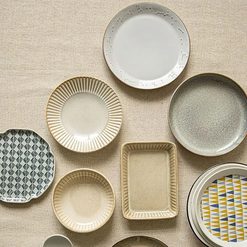 Fresh Exquisite Underglaze Color Dish Creative Retro Round Ceramic Dishes Plates Cake Dessert Household Kitchen Supplie