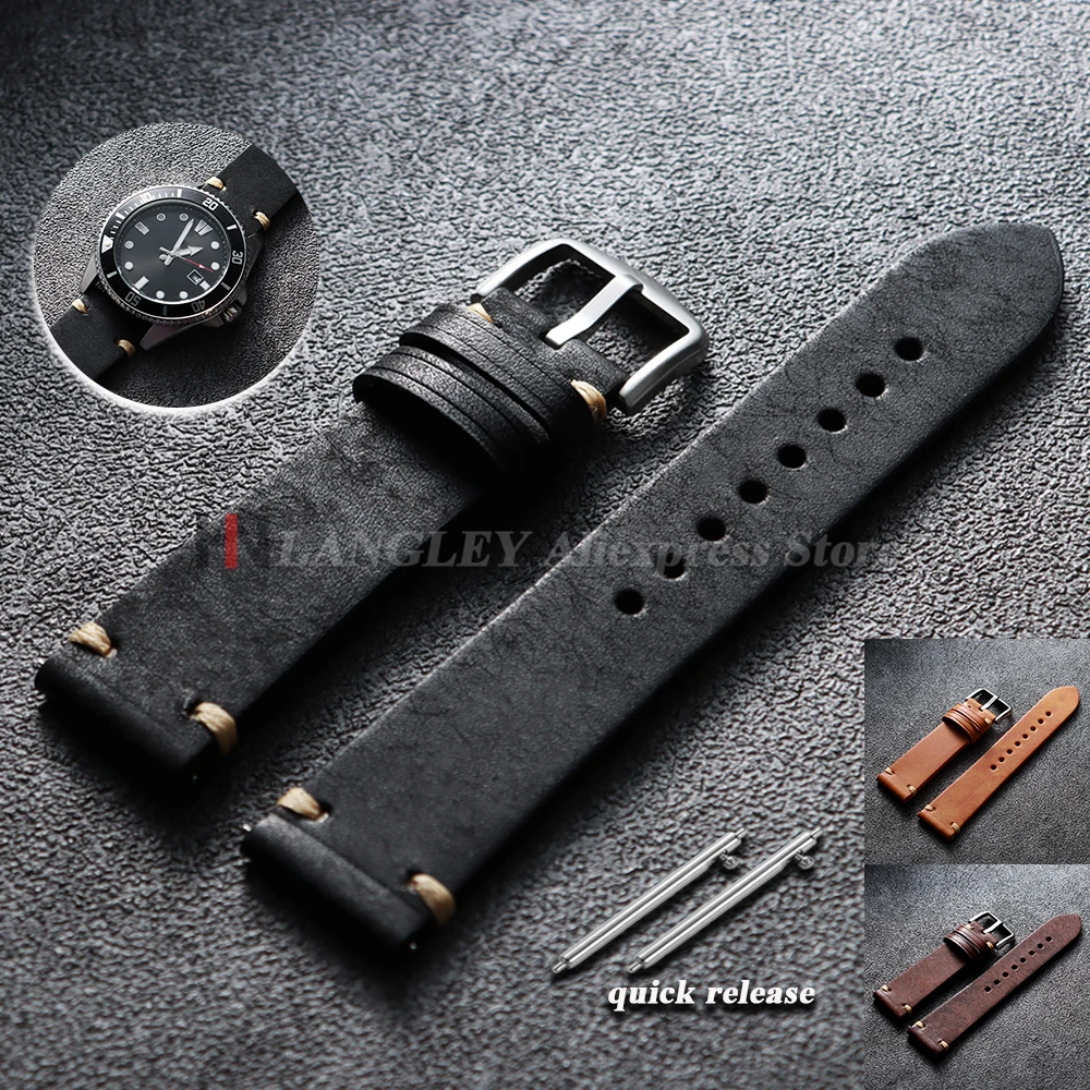 Handmade Stitching Cowhide Watch Straps 18mm 19mm 20mm 21mm 22mm Matte Leather Strap for Seiko for Omega Quick Release Watchband