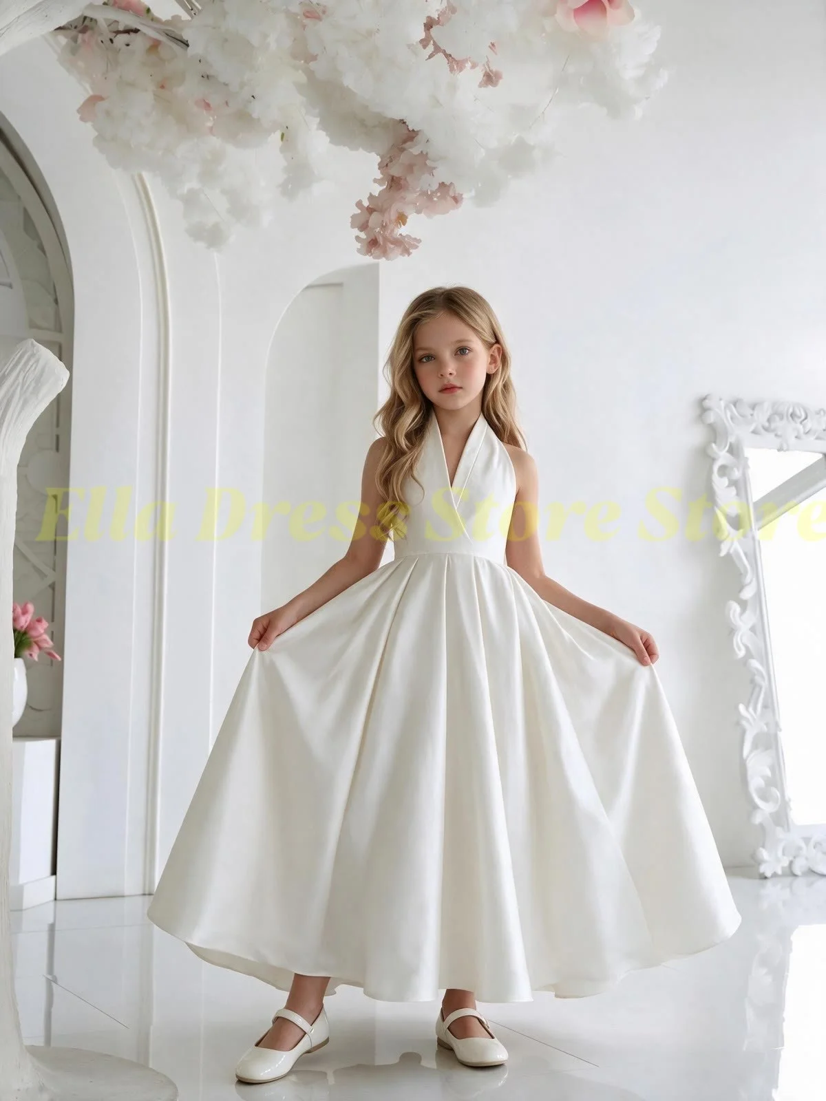 Großhandel Satin Puffy Blumenmädchenkleid für Hochzeit, Geburtstag, Festzug, Formelle Kleider, A-Linie, bodenlang, Kinder-Prinzessinnenkleider – Detail 2