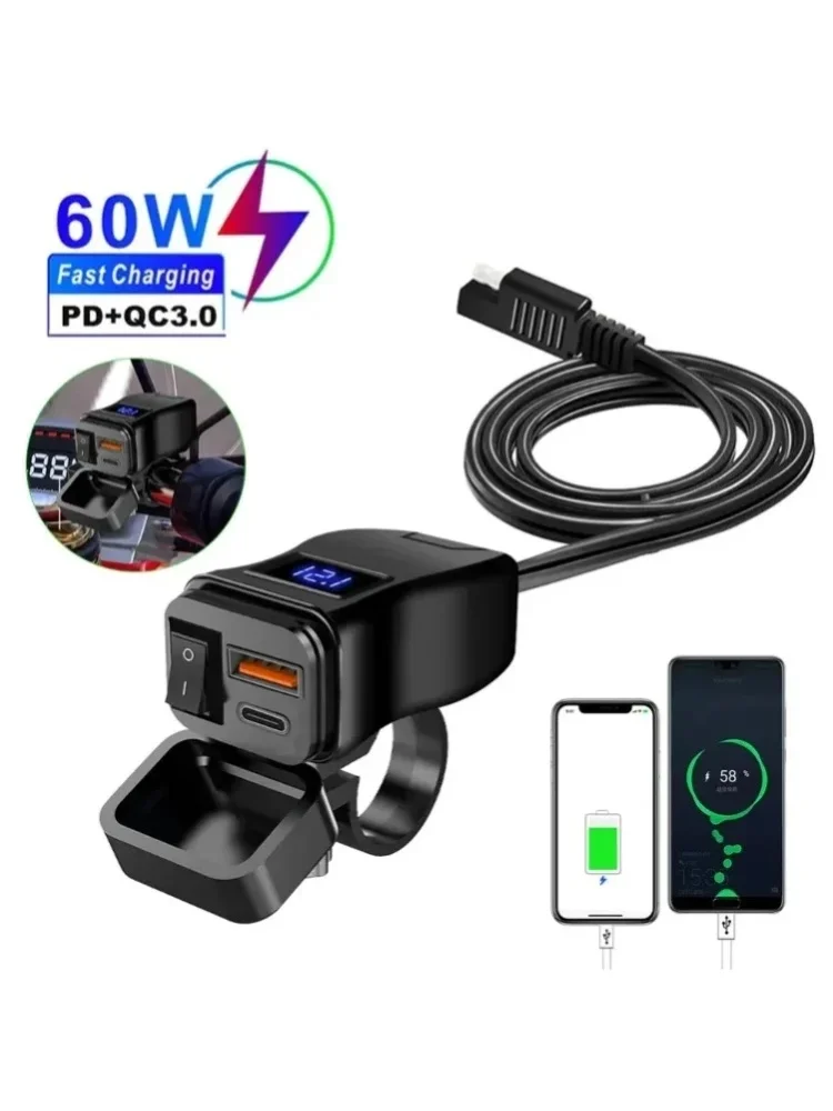 3.0 Motorrad USB-Schnellladegerät 60W Lenker Dual-USB-Buchse mit Schalter Voltmeter Wasserdicht 12V Stromversorgung 2027