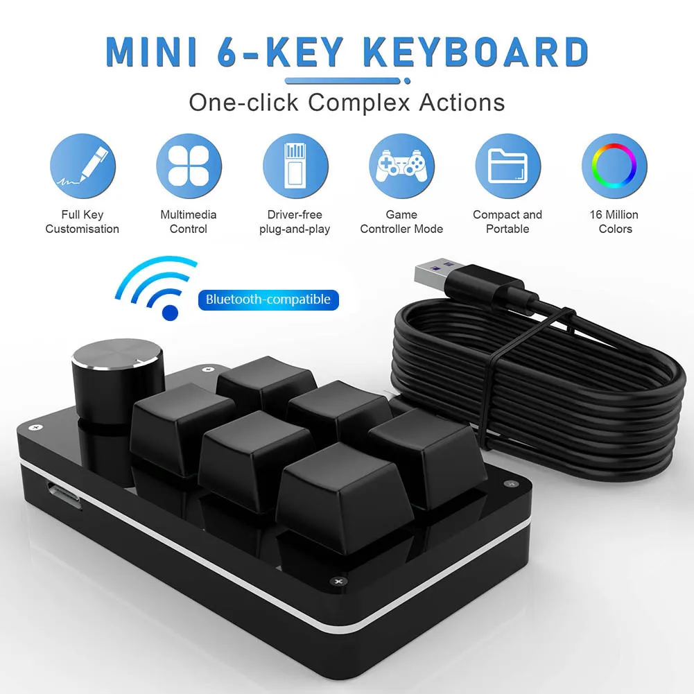 Macro Custom Gaming Keyboard Knob 6 Key + 1 Knob Programmable Hotswap One-handed Mechanical Keypad for PS Drawing Accessories