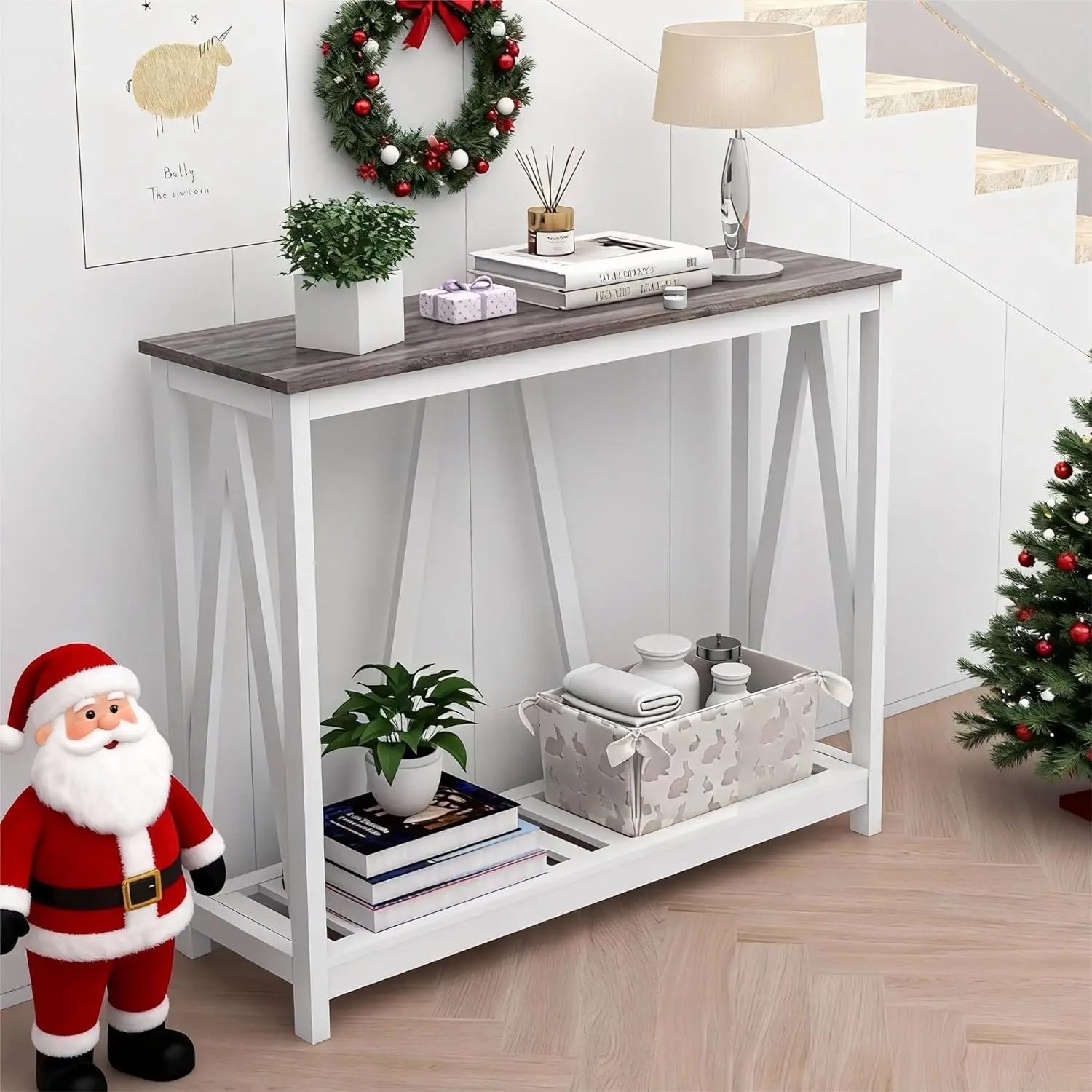 Farmhouse Console Table with Storage Shelf, 39.3 Inch Narrow Sofa Table for Entryway, Living Room in Oak Grey