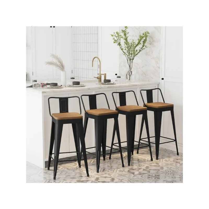 

Bar Stools Set of 4 Counter Height Bar Stools Barstools with Removable Back 24" Kitchen Bar Stools with Wooden Seat, Black