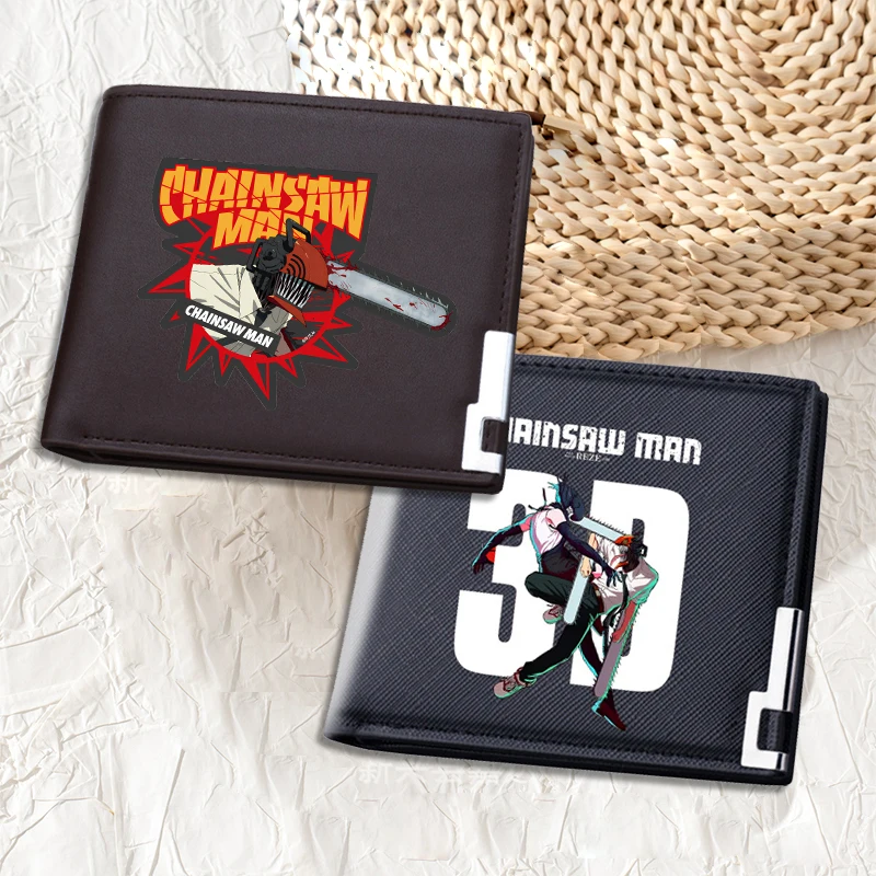 กระเป๋าสตางค์หนัง Chainsaw Man แบบสั้น แฟชั่นธุรกิจ บางเฉียบ มินิมอล พับสองตอน ใส่บัตรเครดิต กระเป๋าใส่เงินลายการ์ตูน
