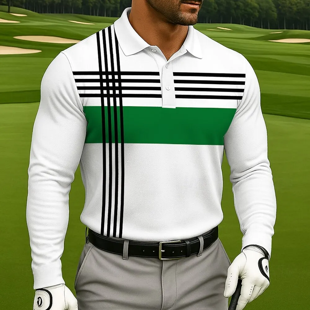 

3D Print Men's Long Sleeve Golf Shirts Fashion Outdoor Training Sports Polo Shirt Simple Stripe Graphic Button Lapel Top For Men