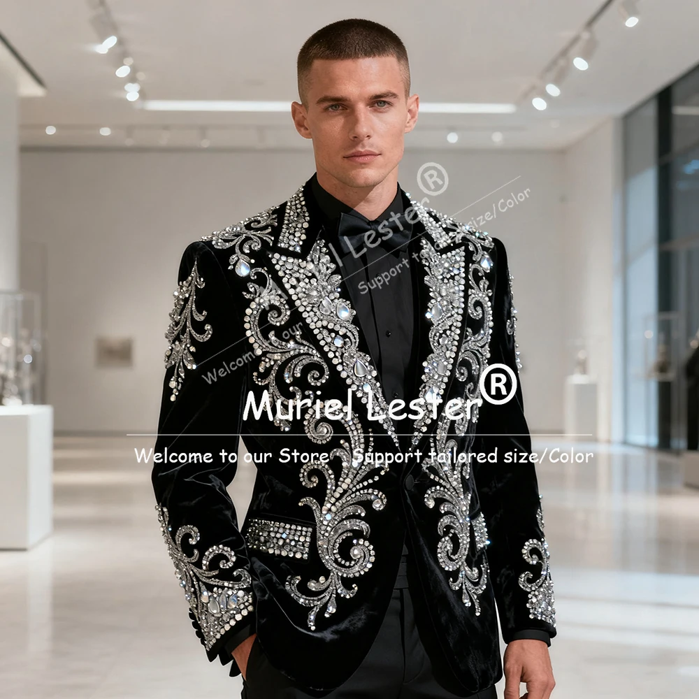 

Костюм с бриллиантами и камнями, наряд для мужчин, комплект из 2 предметов, однобортный бархатный пиджак, брюки, индивидуальные свадебные смокинги для жениха, роскошные