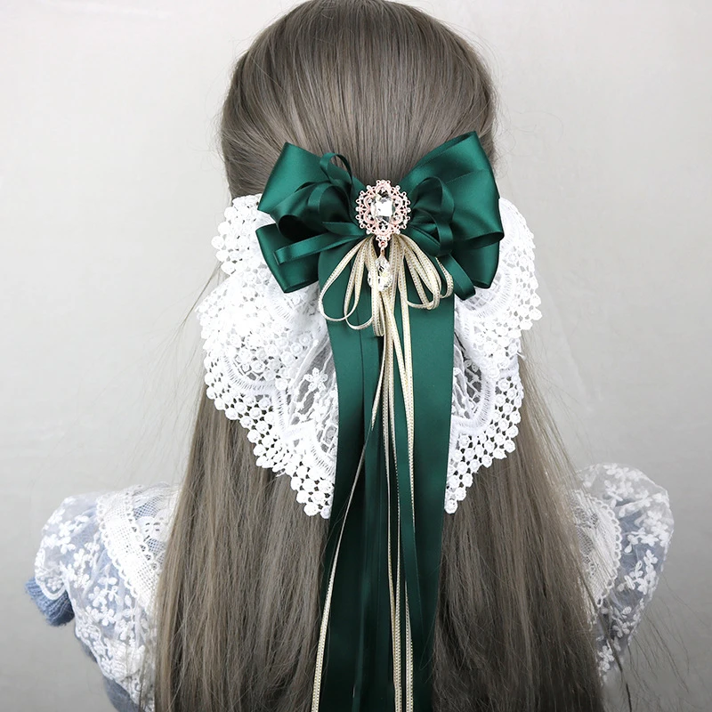 New Sweet Large Bowknot Embroidered With Lace Hair Clip Lolita Long Ribbon Hairpin Ponytail Hair Bands Hair Accessories