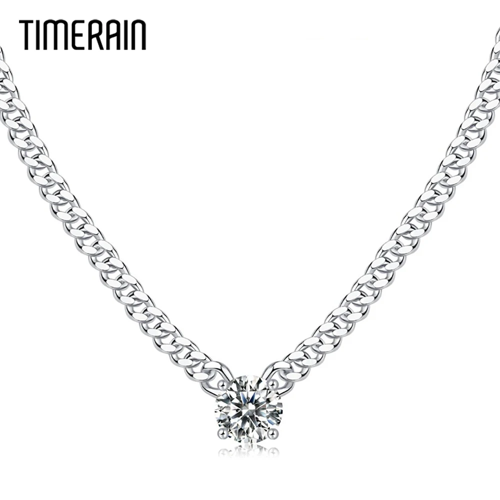 Timerain Cuban Chain 1 Carat Moissanite Pendant Necklace White Gold Plate 925 Sterling Silver Unisex Jewelry Hip Hop Style Gift