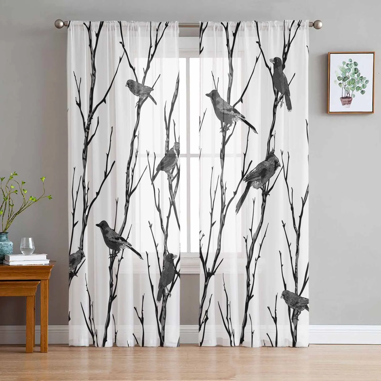 Abstract Silhouette Of Branch Bird Animals Curtains For Living Room Bedroom Kitchen Decoration Window Tulle Curtain