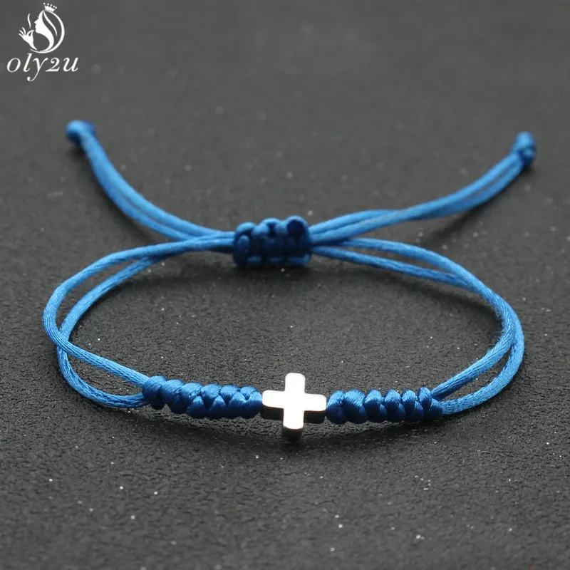 Handmade Stainless Steel Small Cross Charm Bracelet Thin Blue Red Rope Thread String Hand-woven Bracelets For Men Women Couples