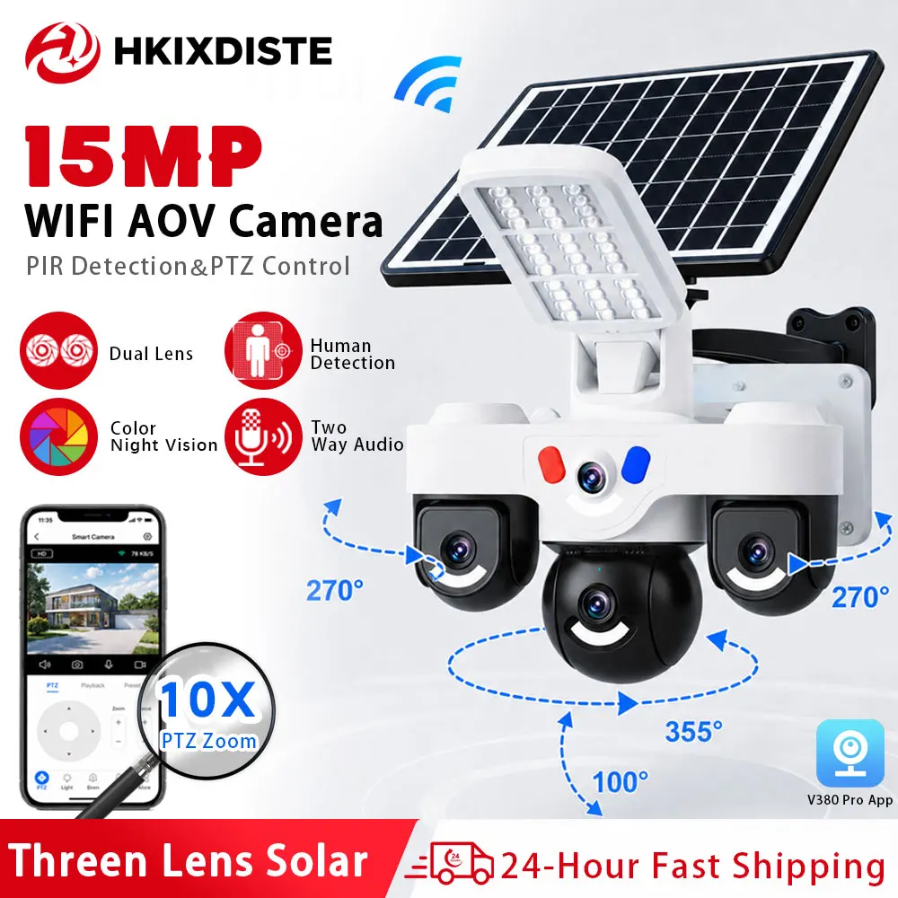 15MP WiFi AOV Solar Security Camera Triple Lens PTZ Outdoor CCTV Camera 10X Zoom PIR Detection Color Night Vision Two Way Audio