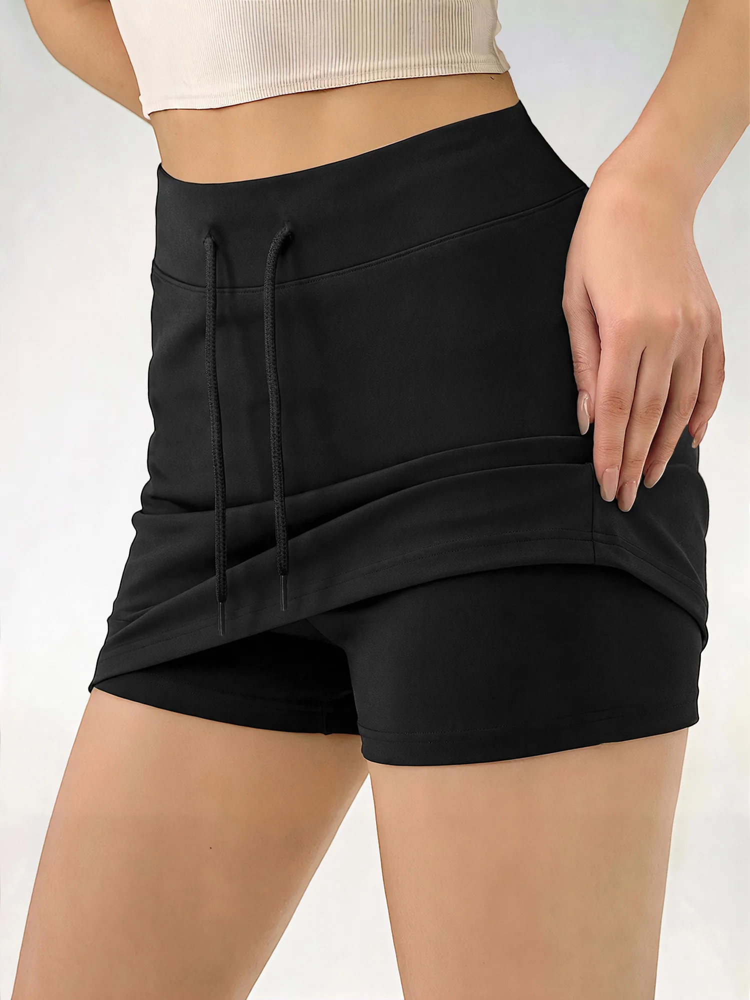Summer Casual Women Sport Skort High Waist Drawstring Design Built-in Anti-exposure Shorts Solid Black Slimming Mini Skirt