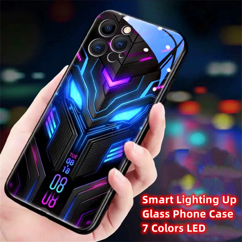 Cool Cyber Mecha Design Smart LED Light Glow Tempered Glass Phone Case For iPhone Air 17 16 15 14 13 12 11 Pro Max Plus view 5