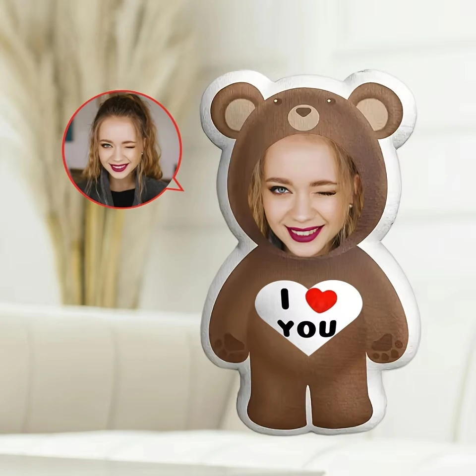 Customized Photo Bear Pillow Personalized 'I Love You' Facial Plush Ideal Gift for Loved Ones. Soft
