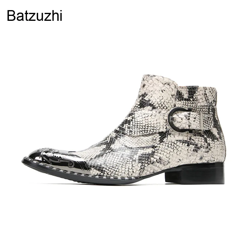 

Кожаные ботильоны Batzuzhi со змеиным узором, мужские элегантные мужские ботинки, обувь с серебряным металлическим носком на молнии, деловая обувь для вечеринок!