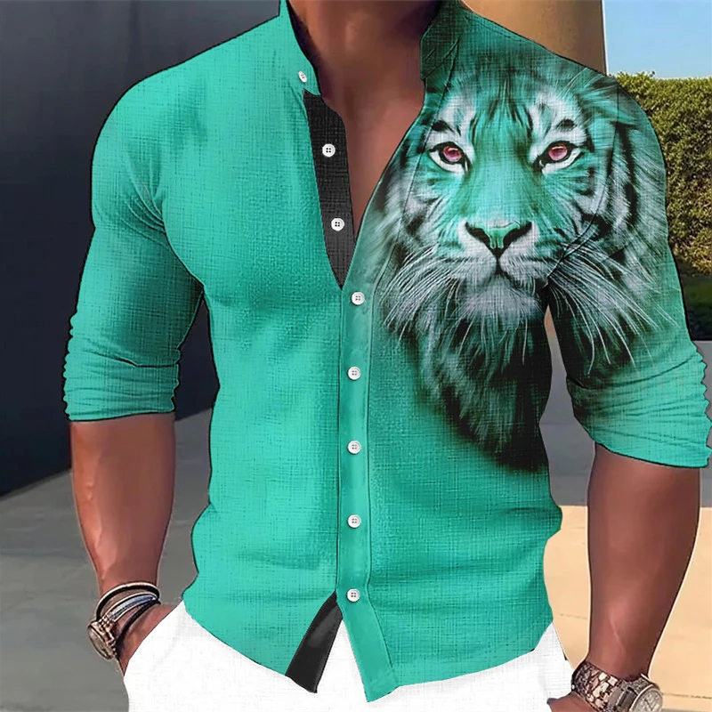 Tiger 3D Printed Shirt Men Spring Autumn Long Sleeve Stand Collar Tops New Fashion Casual Shirts Streetwear Clothing For Mens