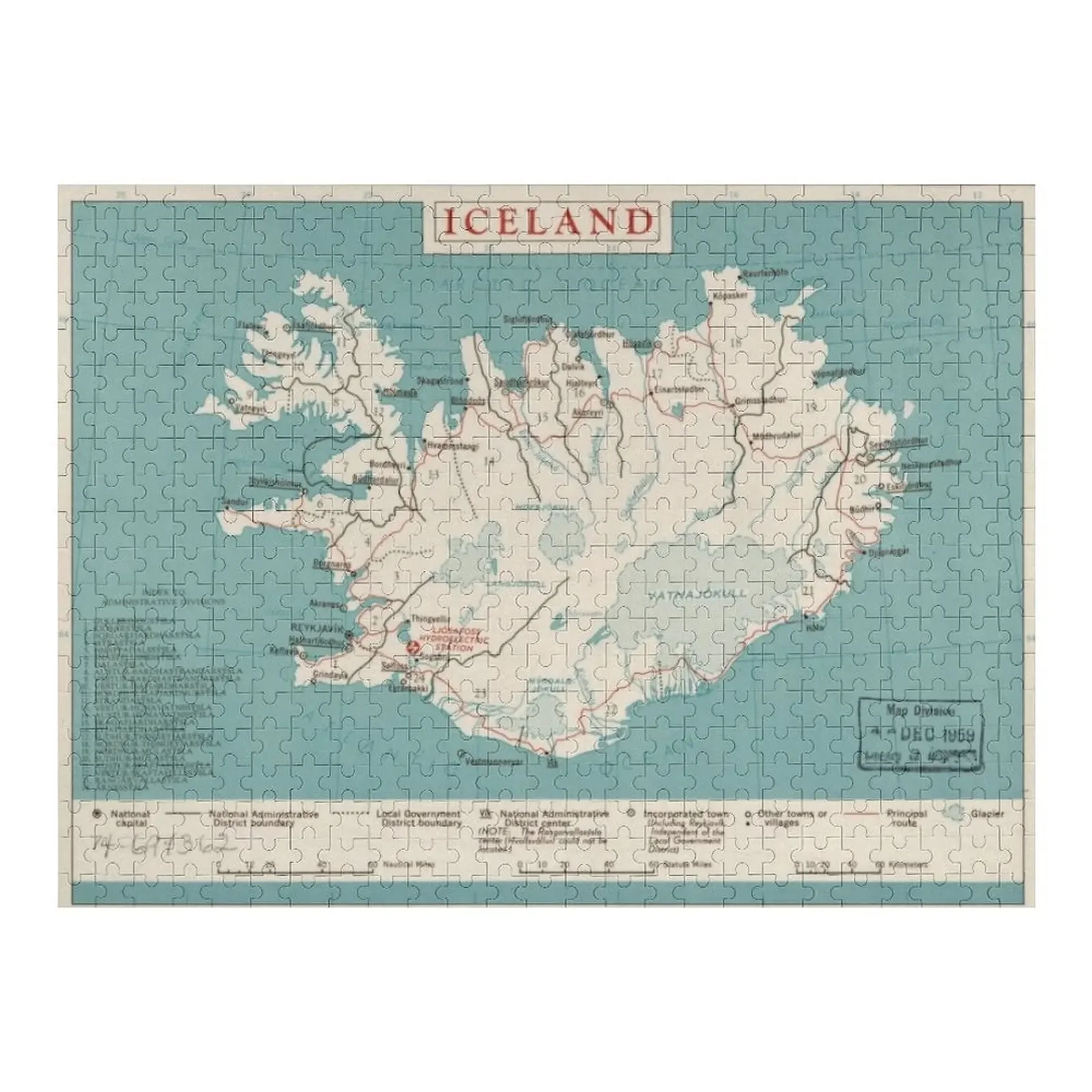 

Map of Iceland (circa 1958) Jigsaw Puzzle Name Wooden Toy Personalized Child Gift Iq Custom Gifts Puzzle