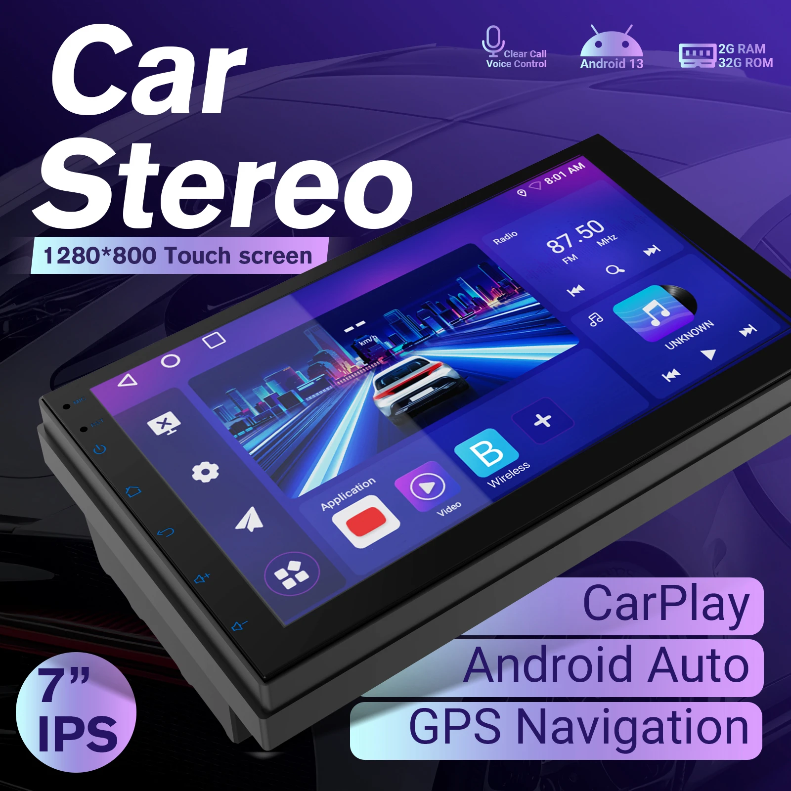 

7“ Double Din Wireless Car Stereo with Carplay & Android Auto, Bluetooth 4.1/Mirror Link/Backup Camera/GPS/WiFi/FM/AM/DSP