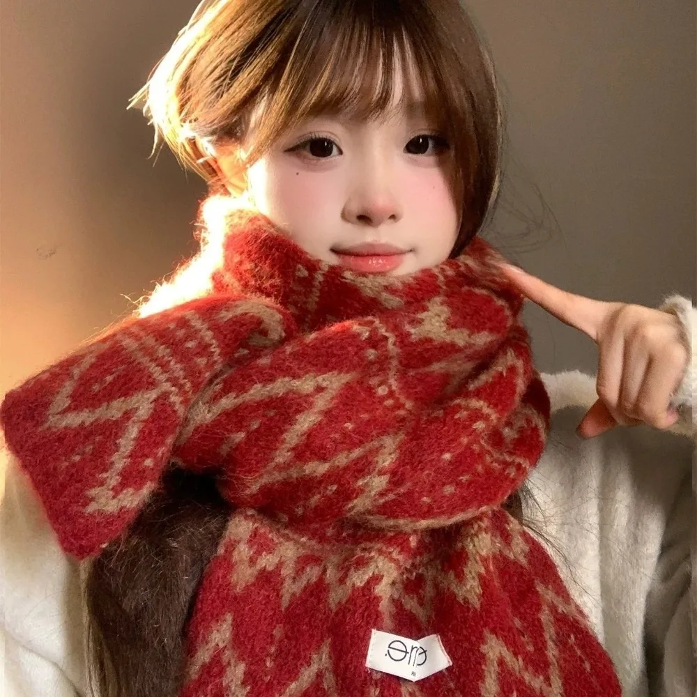 Vintage Polyester Thick Knitted Scarf Cold Proof Long Length Neck Warmer Fair Isle Pattern Fall Winter Scarf Casual Wear