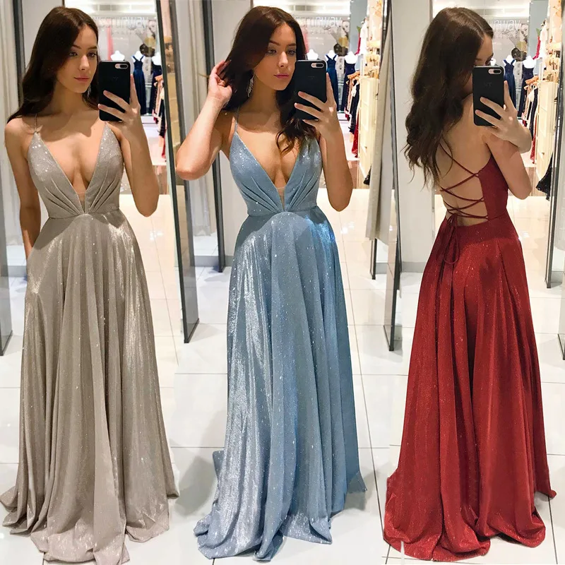 Sexy Shiny Long Evening Dress 2024 Women V-Neck A-Line Party Dress Criss-Cross Back Formal Homecoming Dress YL-015