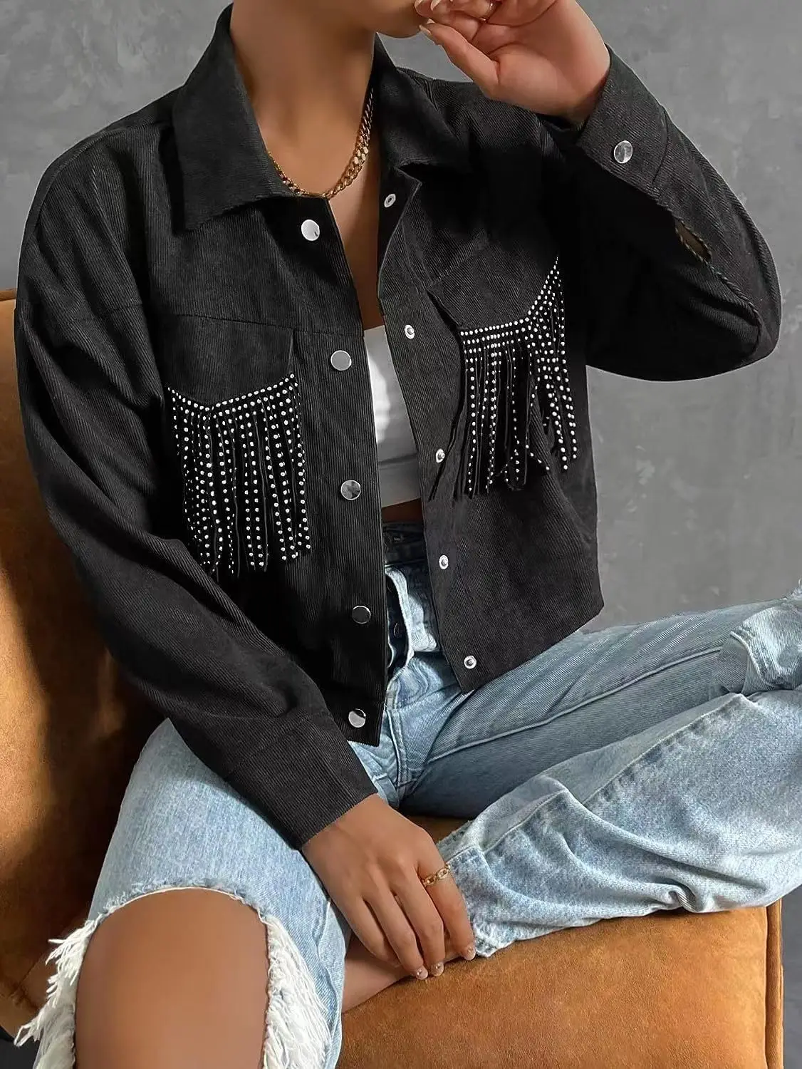 

Washed Rivet Tassel Jacket Women's Spring New Independent Station Black Coat Loose Fit Chinese Origin