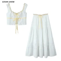 2025 White Spliced Lace Yellow Ribbon Bow Corset Tank Top + Sexy Women Elastic Waist A-line Midi Long Cake Skirt 2 Pieces 1 Set