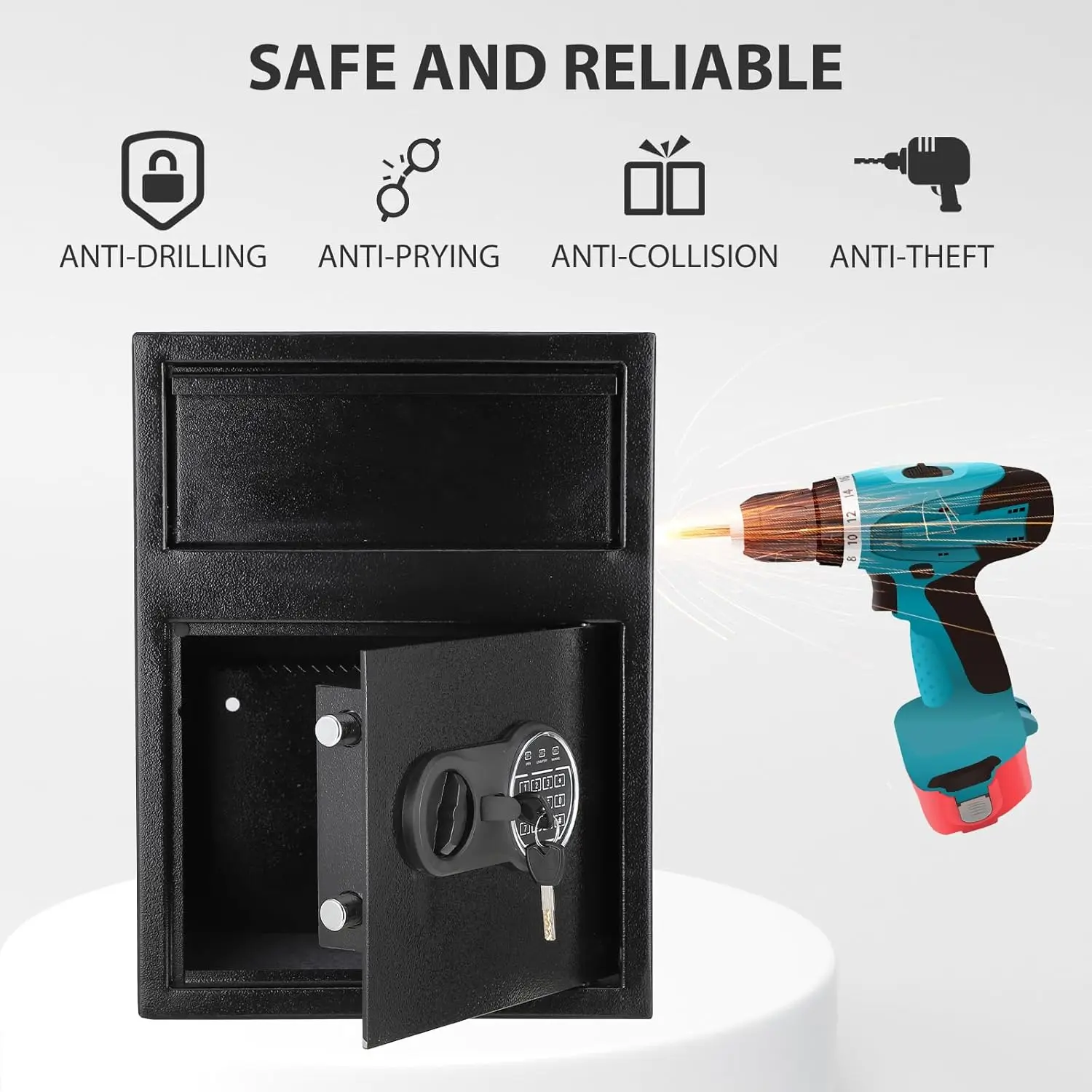Depository Safe Digital Safe with Keypad, Locking Drop Box with Slot, Metal Lock Box with Two Emergency Keys for Your Valuables