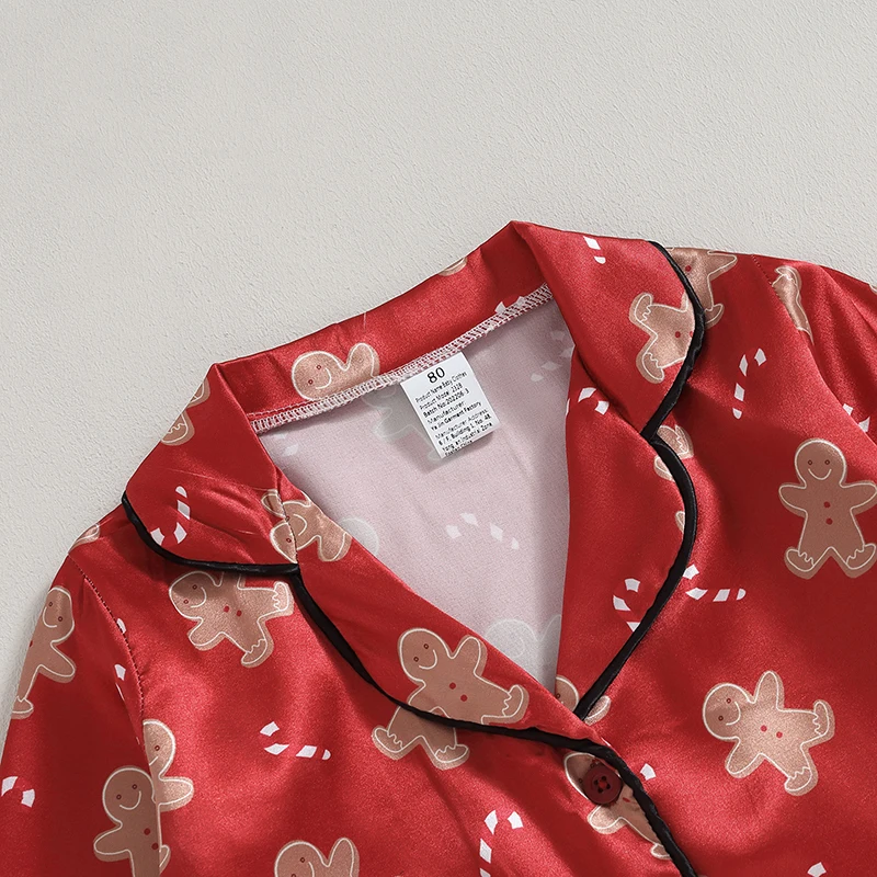 Toddler Baby 2Pcs Pajamas Set Christmas Long Sleeve Gingerbread Man Print Button Up Shirt and Pants Set Sleepwear