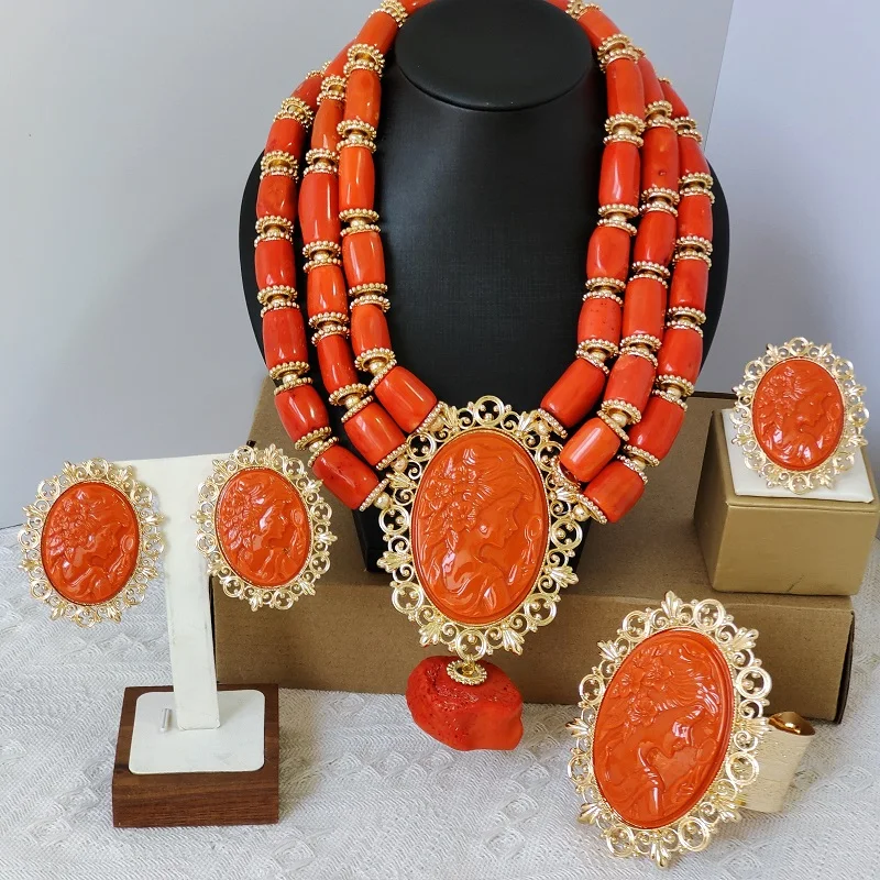 

original orange nigerian coral bead jewelry set african wedding necklace bracelet earrings ring
