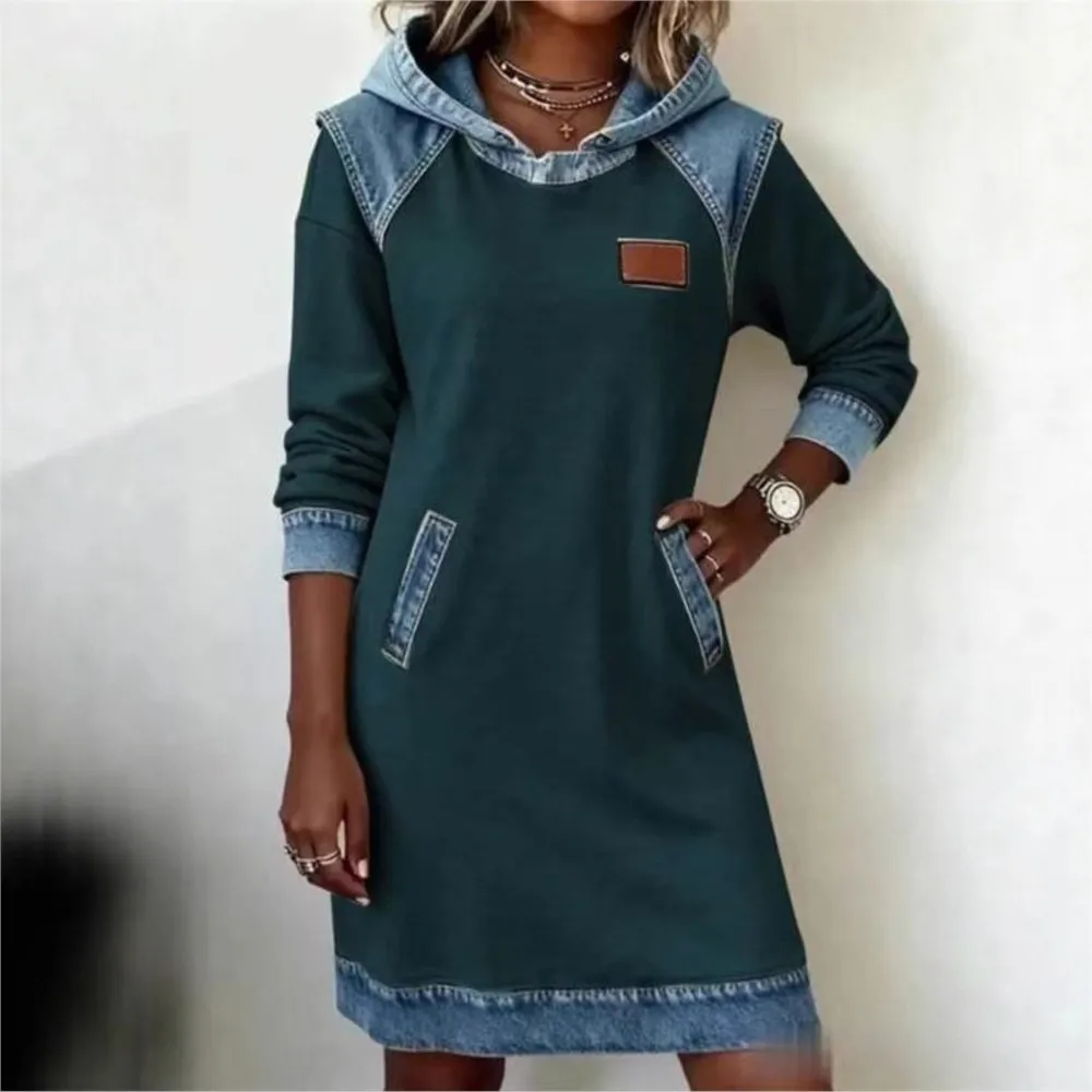 خريف شتاء جديد الدنيم الربط المرأة فساتين طويلة الأكمام الرجعية موضة جيب الإناث هوديي فستان الدنيم 2025