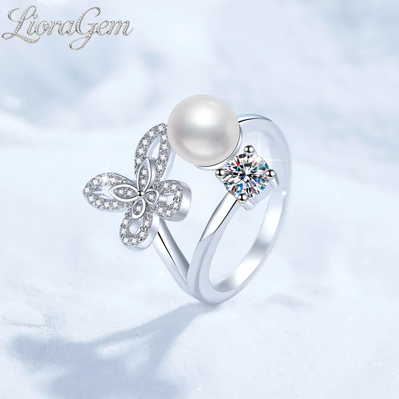 LioraGem Natural Freshwater Pearl 0.5-carat Moissanite Ring for Women, Butterfly Luxury Adjustable Ring Platinum PT950 Stamp