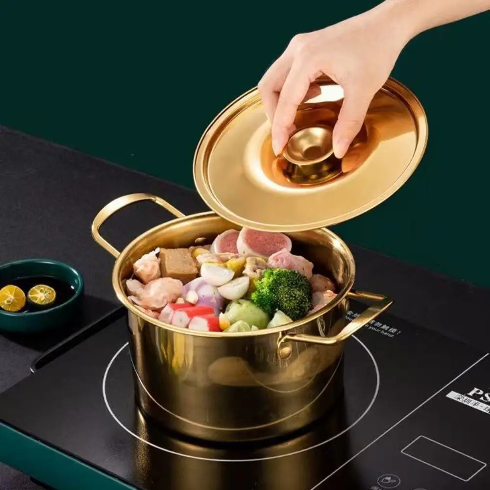 

Kitchen Cookware Stainless Steel Korean Ramen Pot Double Handle with Lid Stew Pot Rust Resistant Gold Soup Cooking Pot Porridge