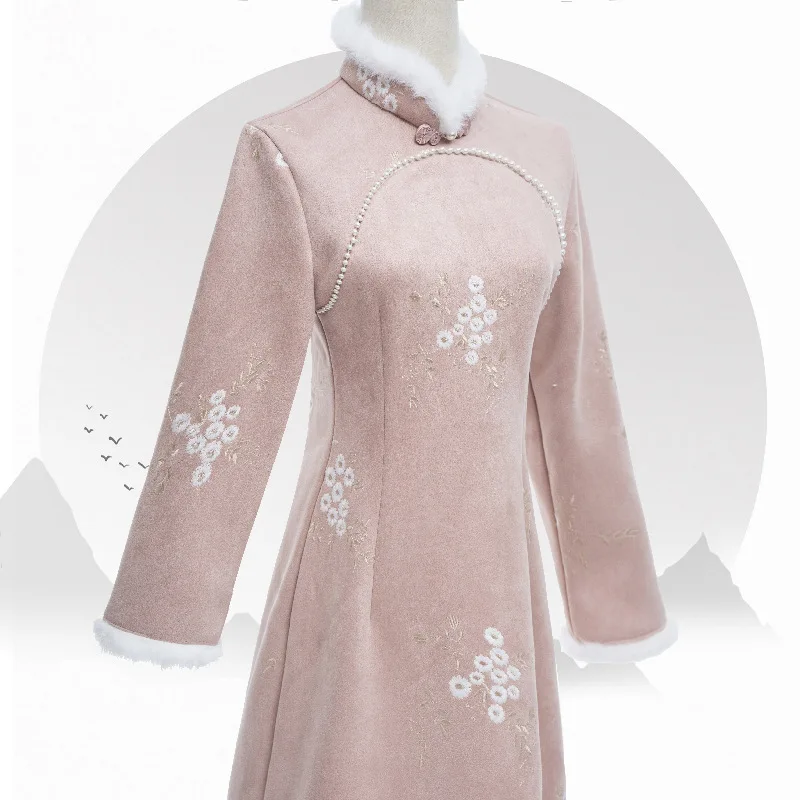 

2022 Winter Suede Thickened Pink Cheongsam Young Style Improved Qipao Mid-length Chinese Wedding Evening Party Dress for Women